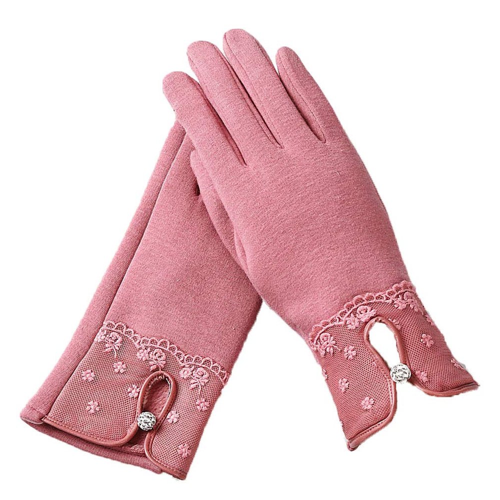 Fashion Elegant Womens Touch Screen Gloves Winter Ladies Lace Warm Cashmere Bow Full Finger Mittens Wrist Guantes Gift F Pink
