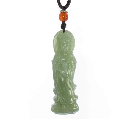 2" China Certified Nature Hetian Nephrite Jade Blessing Kwan-yin Necklace Pendant 7083