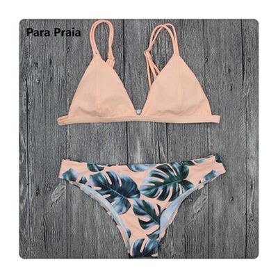 2019 Sexy Set Swimwear White Women Swimsuit Bathing Suit Cami Palm Leaf Print Biquini Swim Suit De Bain Pink S