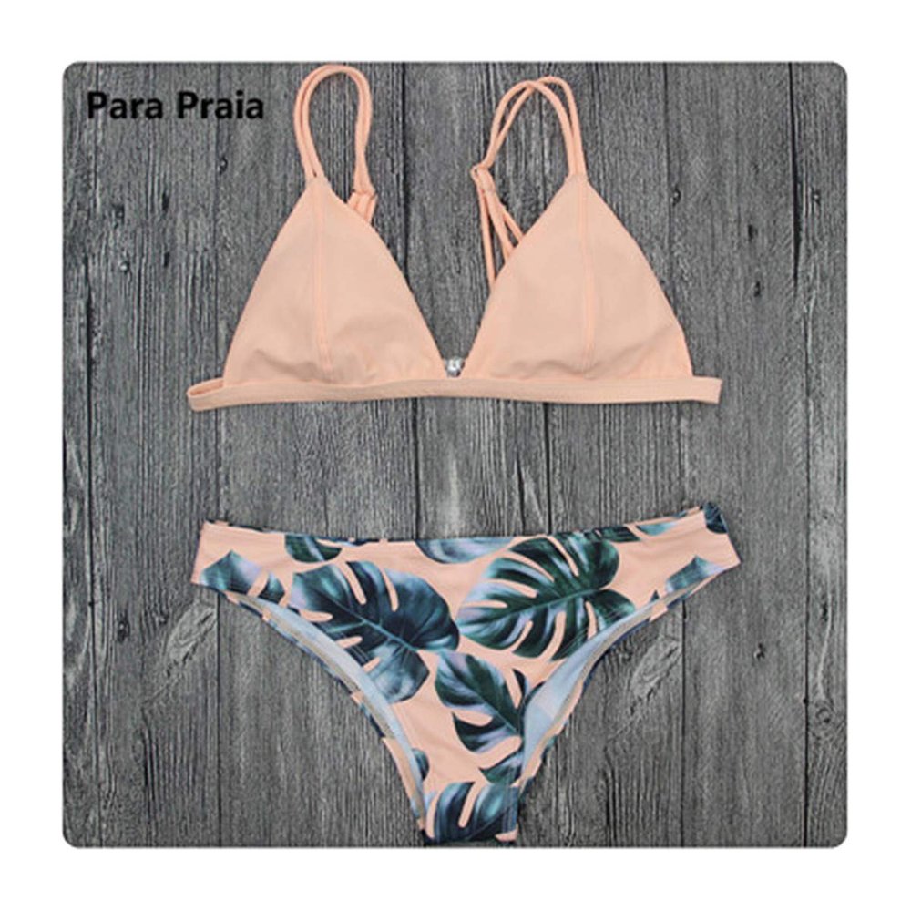 2019 Sexy Set Swimwear White Women Swimsuit Bathing Suit Cami Palm Leaf Print Biquini Swim Suit De Bain Pink S