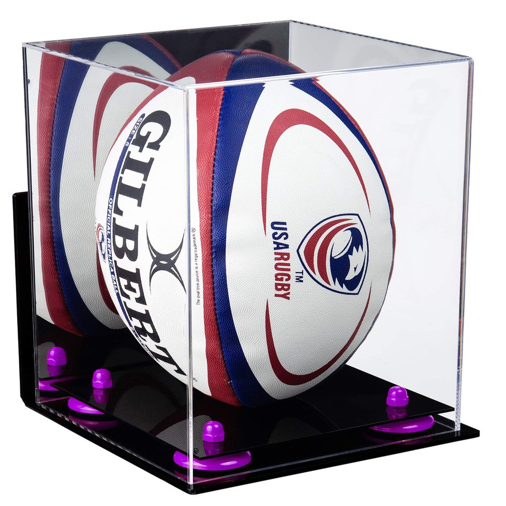Better Display Cases Acrylic Rugby Ball Display Case Vertical with Mirror, Wall Mount and Purple Risers (A060-PR)