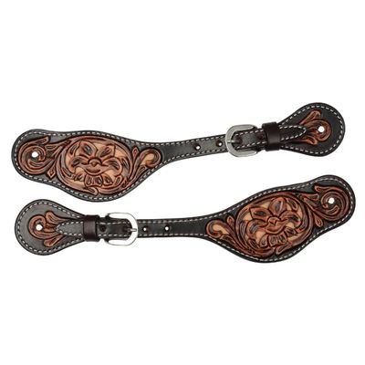 Circle Y Unisex Western Leather Natural Brown Tan Underlay Floral Tooling Multi-Toned Filigree Spur Straps with Stainless Steel Buckle