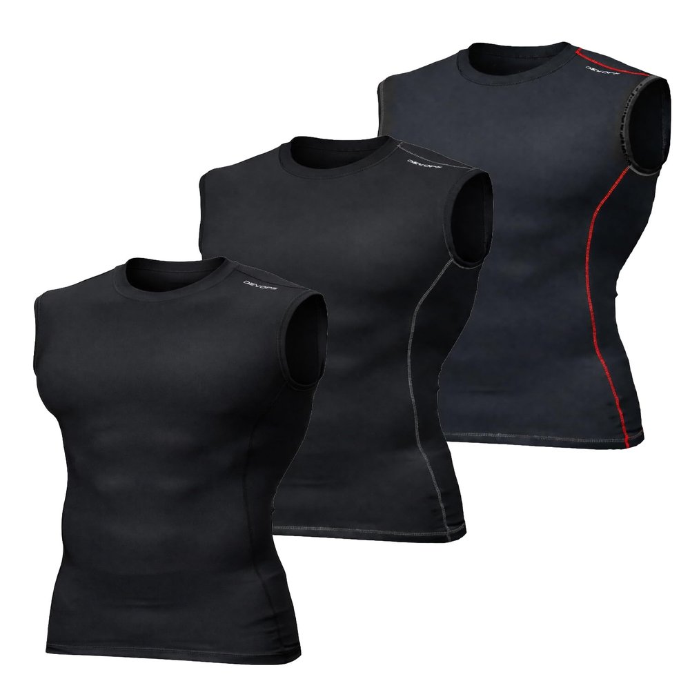 DEVOPS 3 Pack Men's Compression Shirts Sleeveless Workout Tank Top Baselayer for Gym Training, Running, Moisture Wicking (Large, Black/Black/Black)