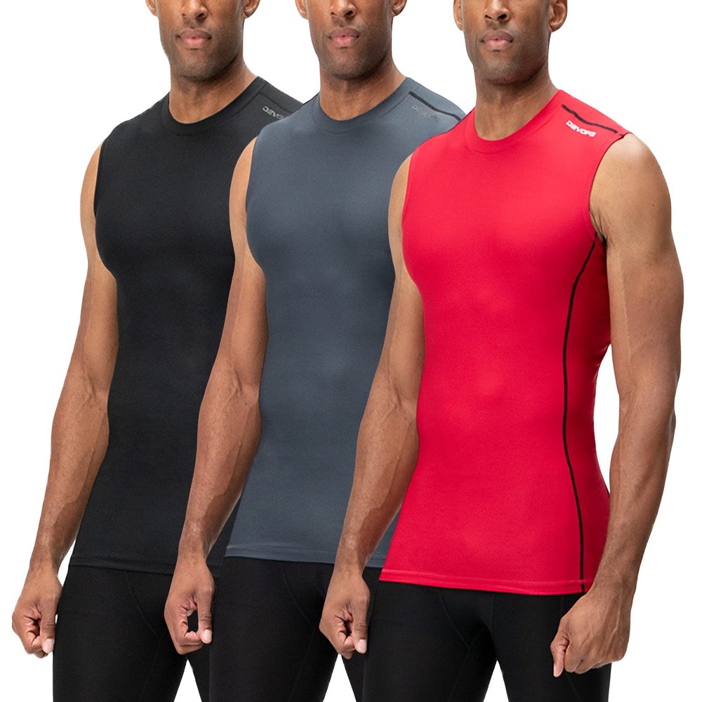 DEVOPS 3 Pack Men's Athletic Compression Shirts Sleeveless (Large, Black/Charcoal/Red)