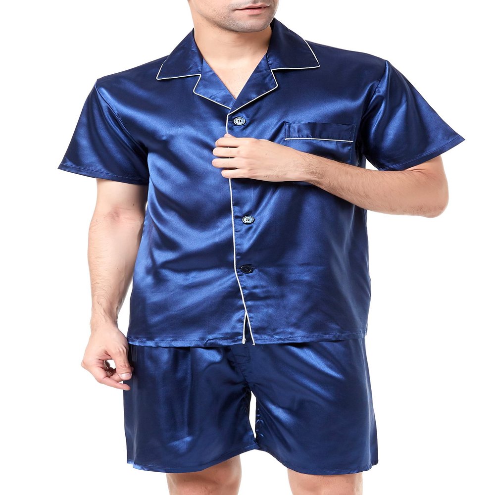 Sanraflic Men's Satin Pajamas Short Button-Down Pj Set Sleepwear Loungewear (Blue/White, L)