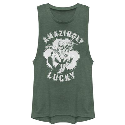 Marvel Classic Lucky Spidey Women's Muscle Tank, Pine Green Heather, X-Small