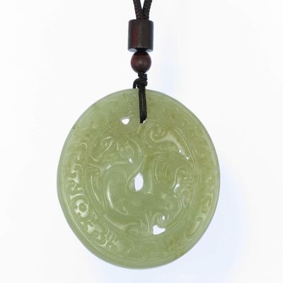 2" China Certified Nature Hetian Nephrite Jade Auspicious Dragon Hollow Carved Necklace Pendant 6637