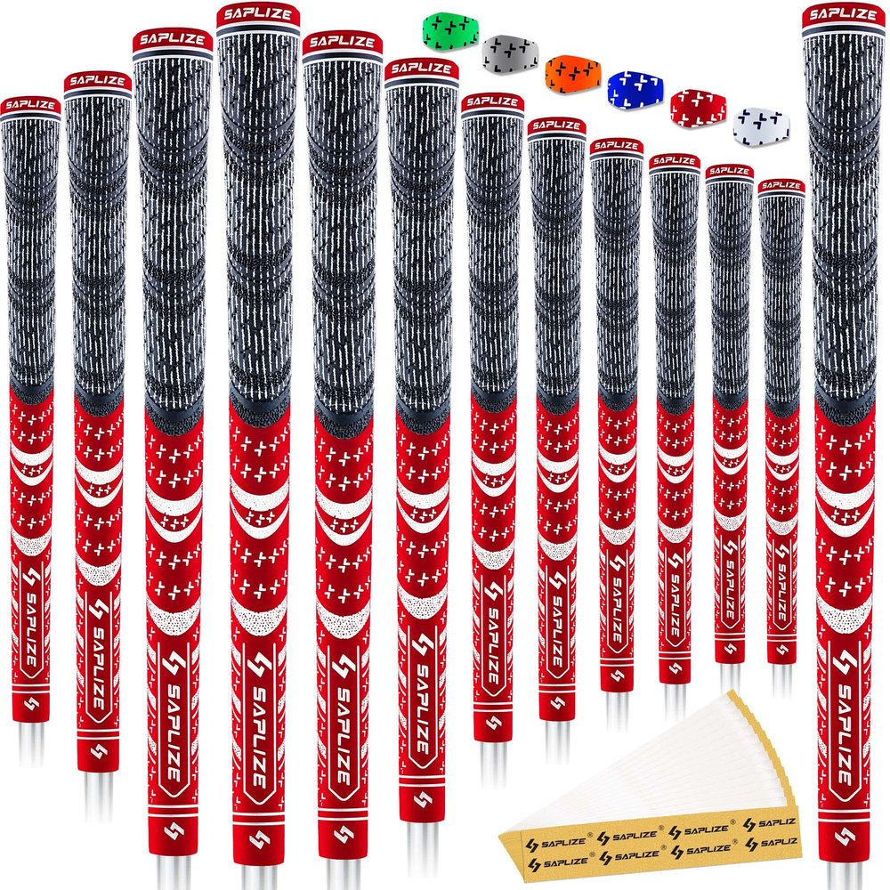 SAPLIZE Cross Cord Golf Grips Set of 13 Grips with Tape or Full Regripping Kit, Std/Mid/Jumbo, Low Taper Design, Multi-compound Hybrid, Anti-Slip Golf Club Grips, CL03 Series, Mid-Size, Red