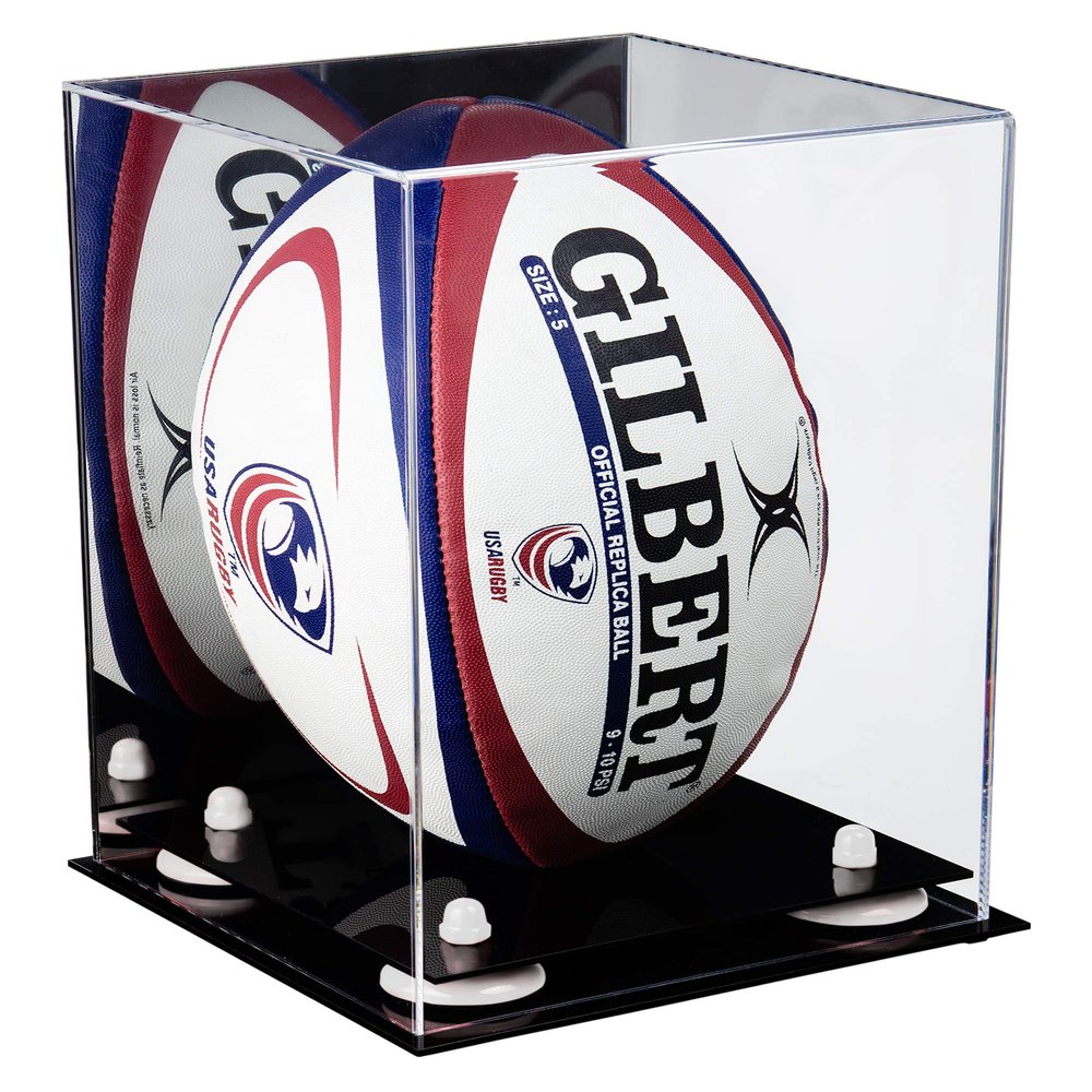 Better Display Cases Acrylic Rugby Ball Display Case Vertical with Mirror and White Risers (A060-WR)