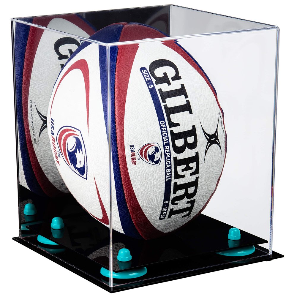 Better Display Cases Acrylic Rugby Ball Display Case Vertical with Mirror and Blue Risers (A060-BLR)