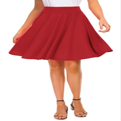 EXCHIC Women's Casual Stretchy Flared Midi Skater Skirts Basic A-Line Pleated Midi Skirt (L, Red)
