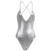 FEESHOW Women's Metallic Camisole Dance Leotard Bodysuit One Piece Swimsuit Silver V-Neck Medium view 3