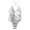 FEESHOW Women's Metallic Camisole Dance Leotard Bodysuit One Piece Swimsuit Silver V-Neck Medium view 4
