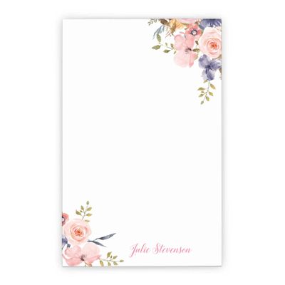 Modern Pink Paper Personalized Floral Notepad for Women, Elegant Stationary for Women, Watercolor Floral Notepad, Size 5.5in x 8.5in, 50 Sheets