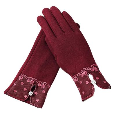 Fashion Elegant Womens Touch Screen Gloves Winter Ladies Lace Warm Cashmere Bow Full Finger Mittens Wrist Guantes Gift F Maroon