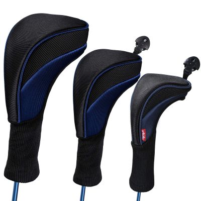 Black Golf Club Head Cover for Driver Fairway 3 Pcs Woods Headcovers, Golf Accessories Hybrid Head Covers Set with Interchangeable Tags 3 4 5 7 X (Blue)