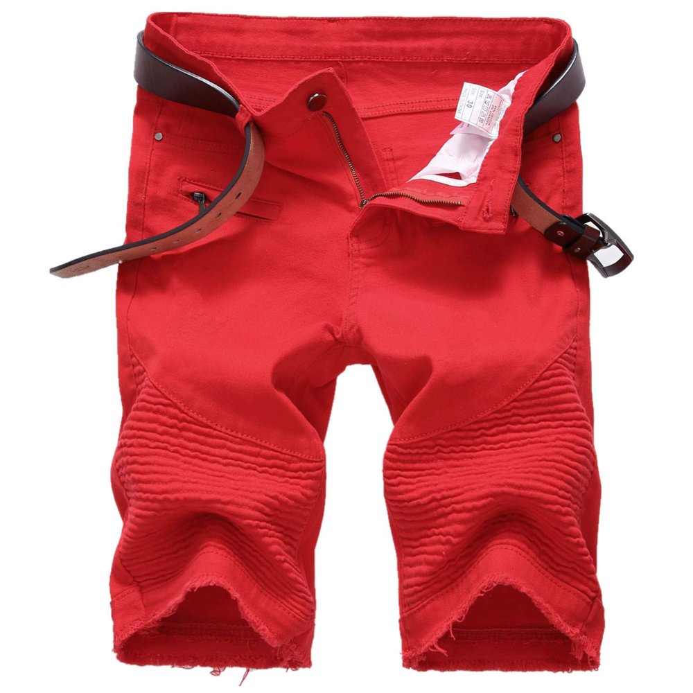 Yollmart Men's Destroyed Jeans Denim Shorts Ripped Skinny Motor Pants062red-40