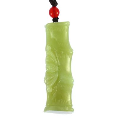 2.4" China Certified Nature Hetian Nephrite Jade Blessing Bat and Bamboo Hand Carved Necklace Pendant 7087