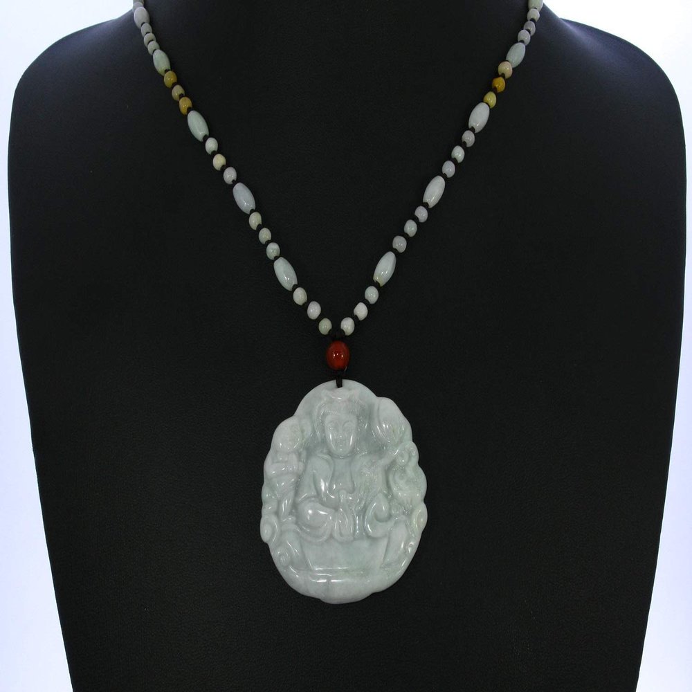 1.9" China Certified Grade A Nature Hisui Jadeite Jade Blessing Kwan-yin Necklace Pendants 6278