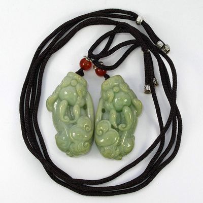1.6" China Certified Grade A Nature Hisui Jadeite Jade Wealth Pixiu Pair Necklace Pendants