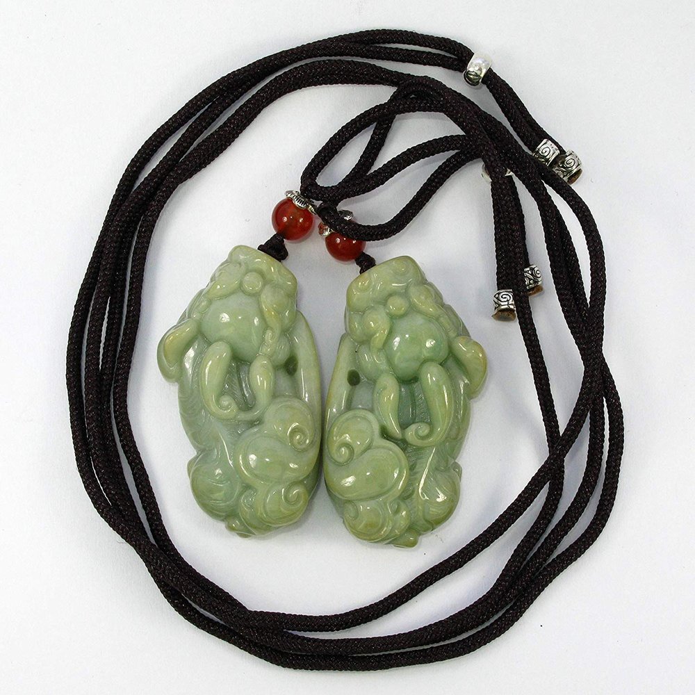 1.6" China Certified Grade A Nature Hisui Jadeite Jade Wealth Pixiu Pair Necklace Pendants