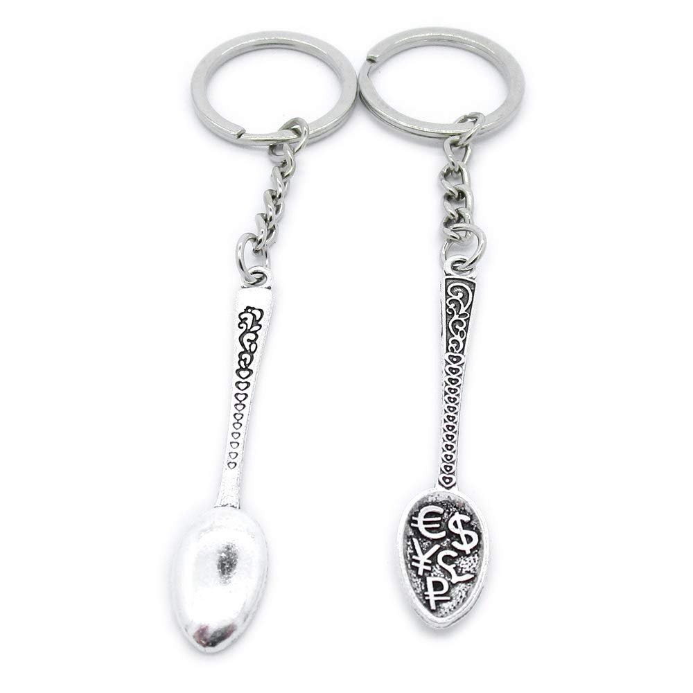 20 PCS Antique Silver Keyrings Keychains Key Ring Chains Tags Clasps AA461 Currency Symbol Spoon Tablespoon