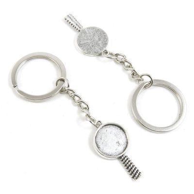 20 PCS Antique Silver Keyrings Keychains Key Ring Chains Tags Clasps B5BP2 Lollipop Round Cabochon Setting Blank