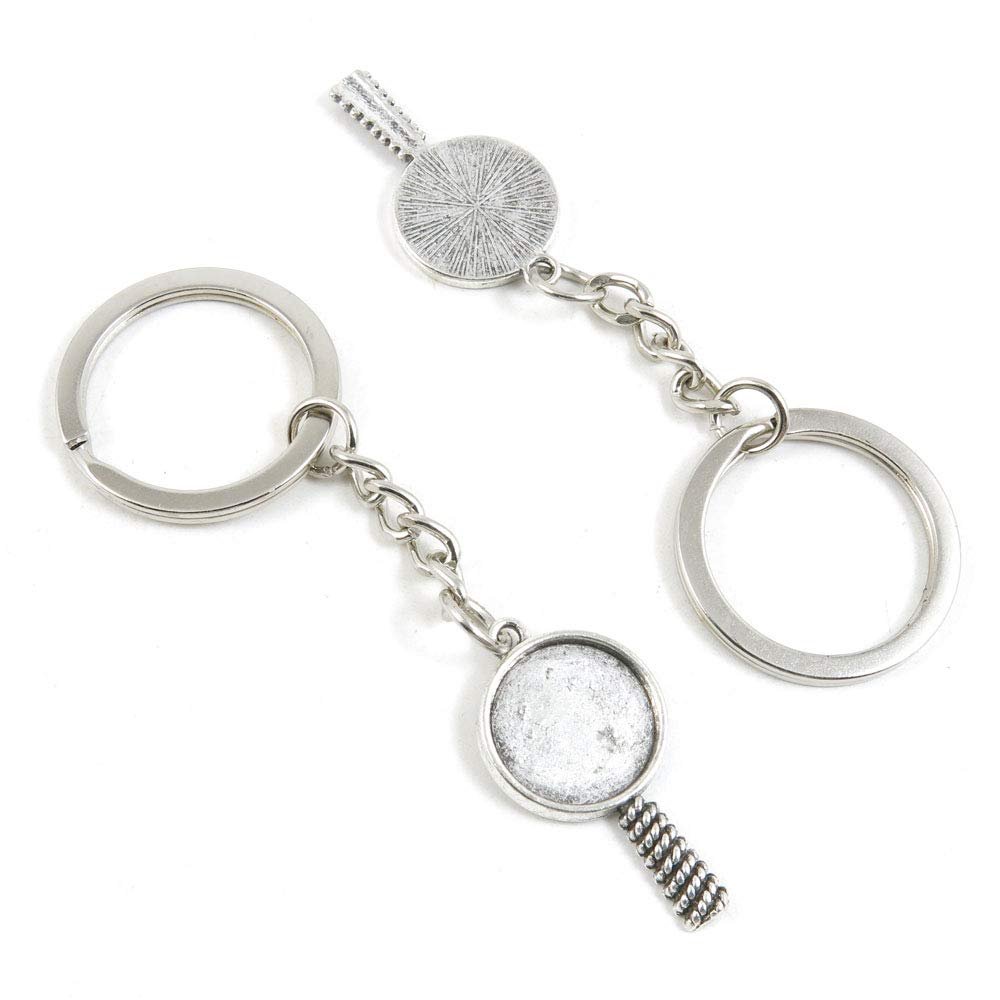 20 PCS Antique Silver Keyrings Keychains Key Ring Chains Tags Clasps B5BP2 Lollipop Round Cabochon Setting Blank