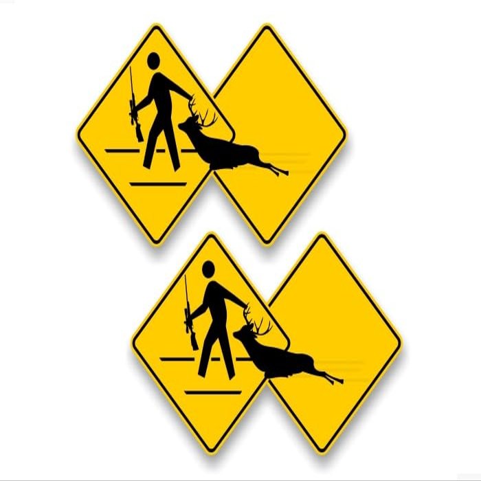 2 Hunter Dragging Killed Deer (Gun) Yellow Diamond Crossing 9" Decals Buck Xing Zone Sign Parody Novelty Truck Vinyl Stickers (2 Decal Set - Deer(Gun))