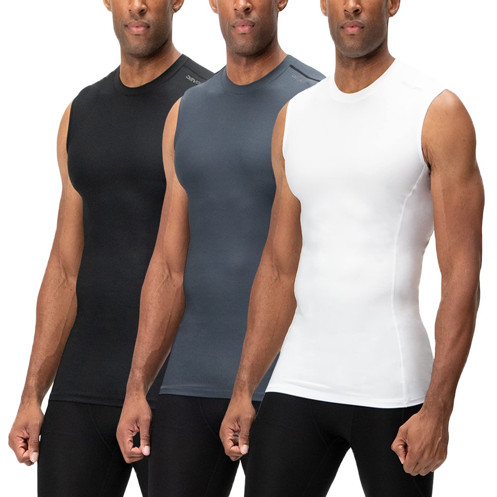 DEVOPS 3 Pack Men's Athletic Compression Shirts Sleeveless (Small, Black/Charcoal/White)