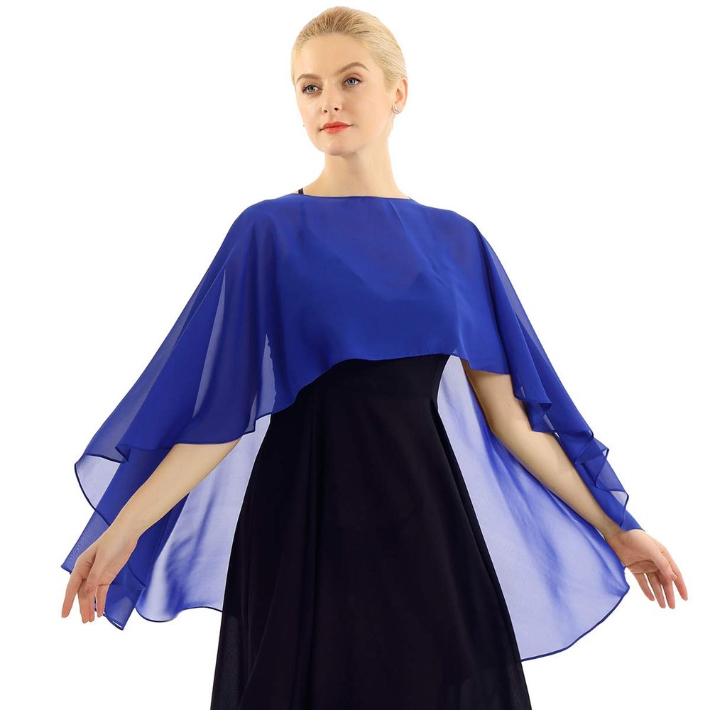 inlzdz Women's Sheer Cape Wrap Chiffon Bridesmaid Wedding Bridal Shawl Shrug for Evening Party Dress Cover Up Azure One Size