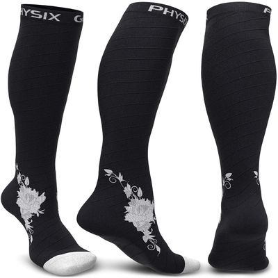 Physix Gear Compression Socks - Best Men & Womens Compression Socks for Circulation, Running, Nurses, Athletic Use Sock Compression, Blood Pressure Socks, Calcetines de, Black/Grey Flower, L/XL
