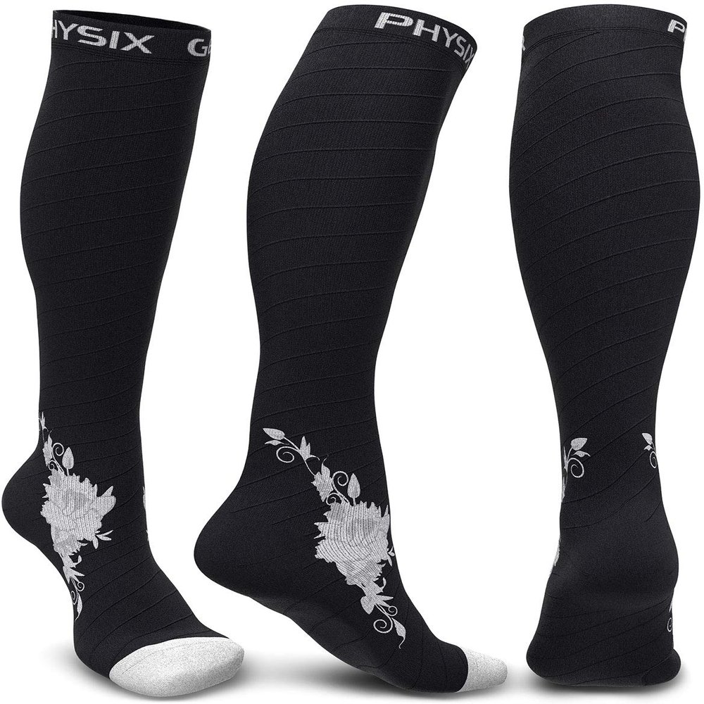Physix Gear Compression Socks - Best Men & Womens Compression Socks for Circulation, Running, Nurses, Athletic Use Sock Compression, Blood Pressure Socks, Calcetines de, Black/Grey Flower, L/XL
