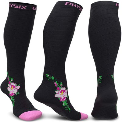 Physix Gear Compression Socks - Best Men & Womens Compression Socks for Circulation, Running, Nurses, Athletic Use Sock Compression, Blood Pressure Socks, Calcetines de, Black/Pink Flower, L/XL