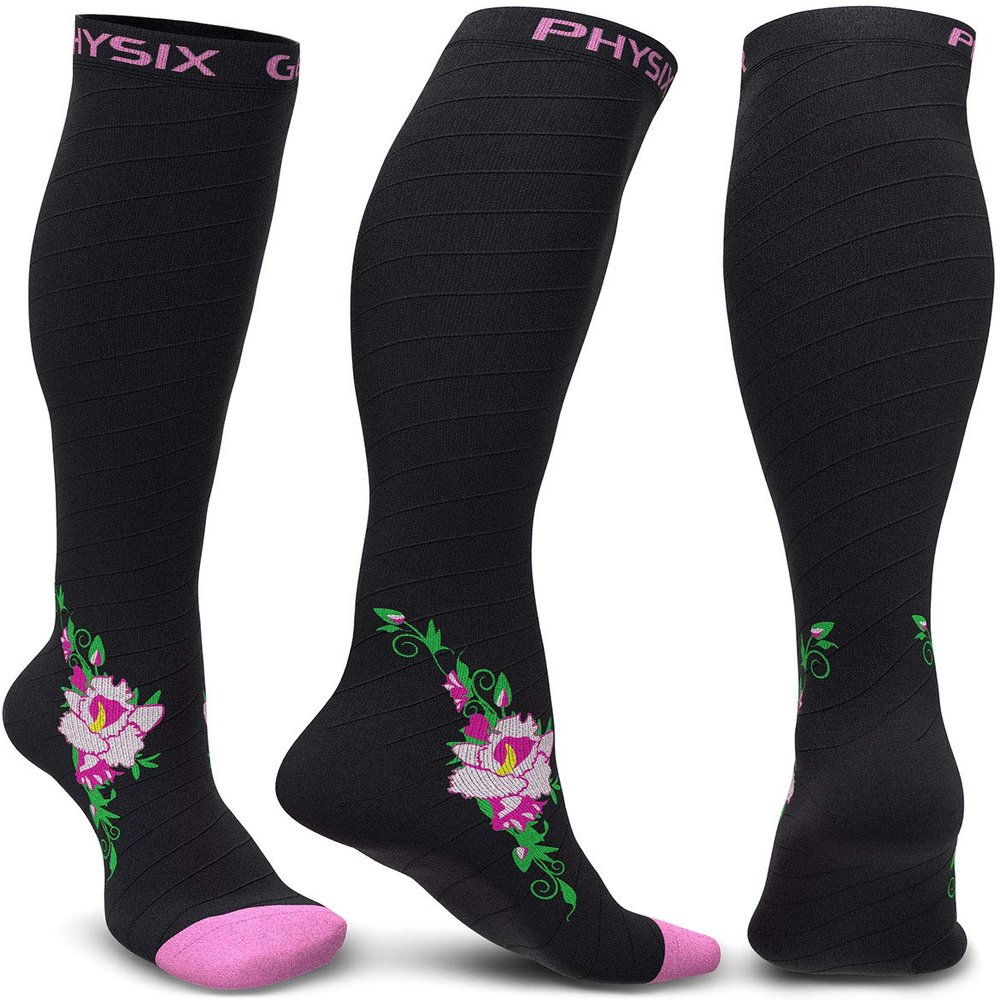 Physix Gear Compression Socks - Best Men & Womens Compression Socks for Circulation, Running, Nurses, Athletic Use Sock Compression, Blood Pressure Socks, Calcetines de, Black/Pink Flower, L/XL