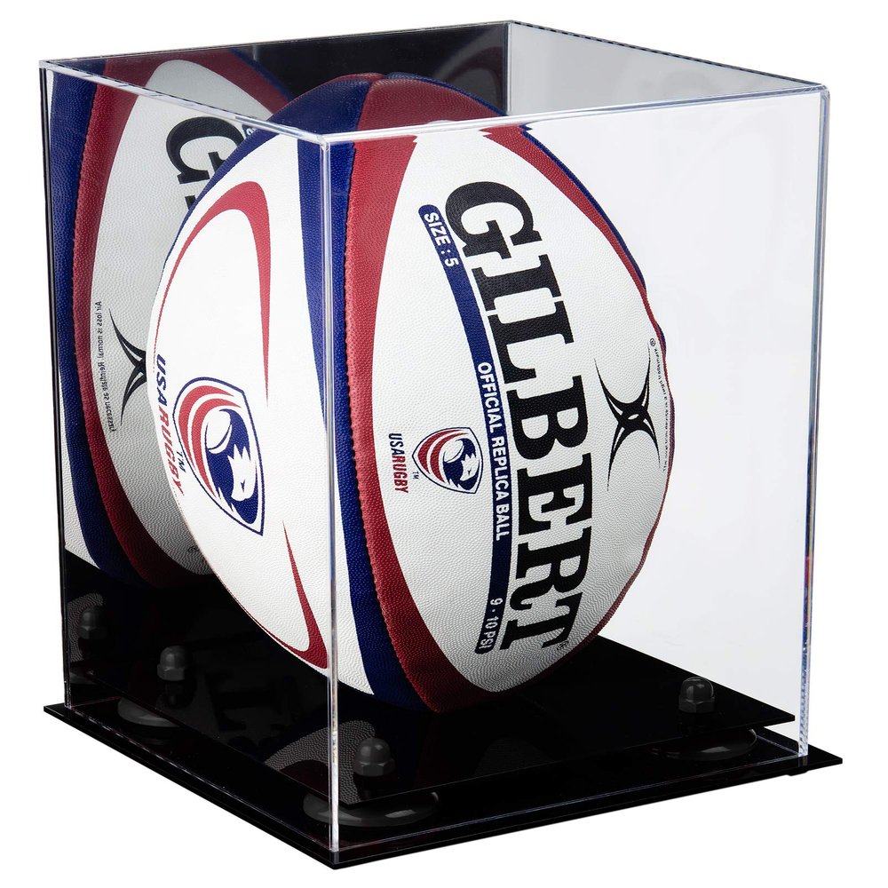 Better Display Cases Acrylic Rugby Ball Display Case Vertical with Mirror and Black Risers (A060-BR)