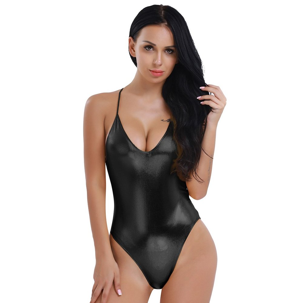 FEESHOW Women's Metallic Camisole Dance Leotard Bodysuit One Piece Swimsuit Black V-Neck Medium
