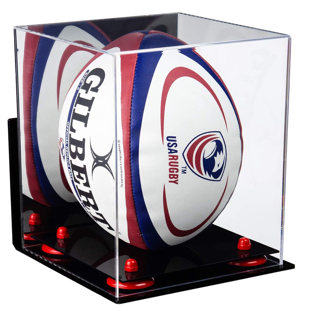 Better Display Cases Acrylic Rugby Ball Display Case Vertical with Mirror, Wall Mount and Red Risers (A060-RR)