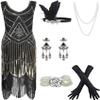 20s Flapper Gatsby Sequin Beaded Evening Cocktail Dress with Accessories Set (Medium, Black&Gold) view 1
