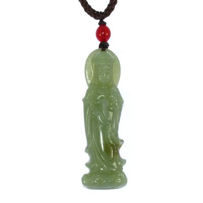 1.9" China Certified Nature Hetian Nephrite Jade Blessing Kwan-yin Hand Carved Necklace Pendant 7082