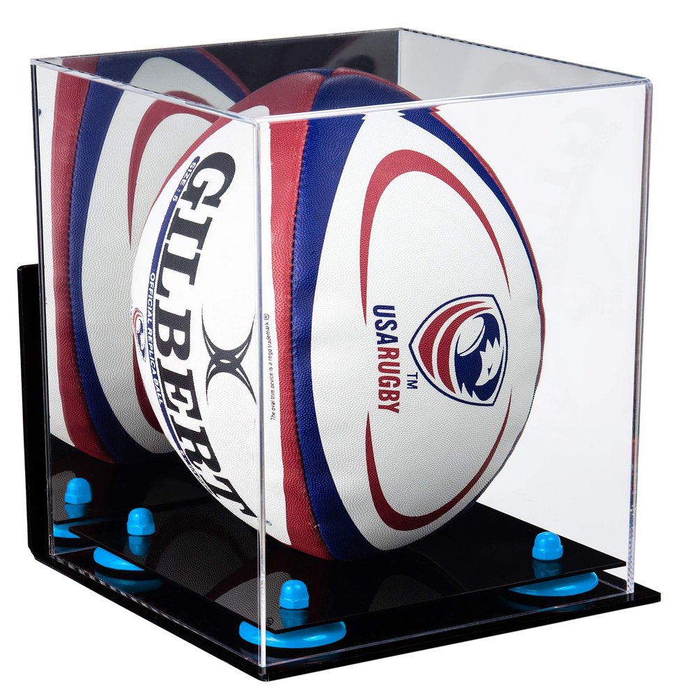 Better Display Cases Acrylic Rugby Ball Display Case Vertical with Mirror, Wall Mount and Blue Risers (A060-BLR)