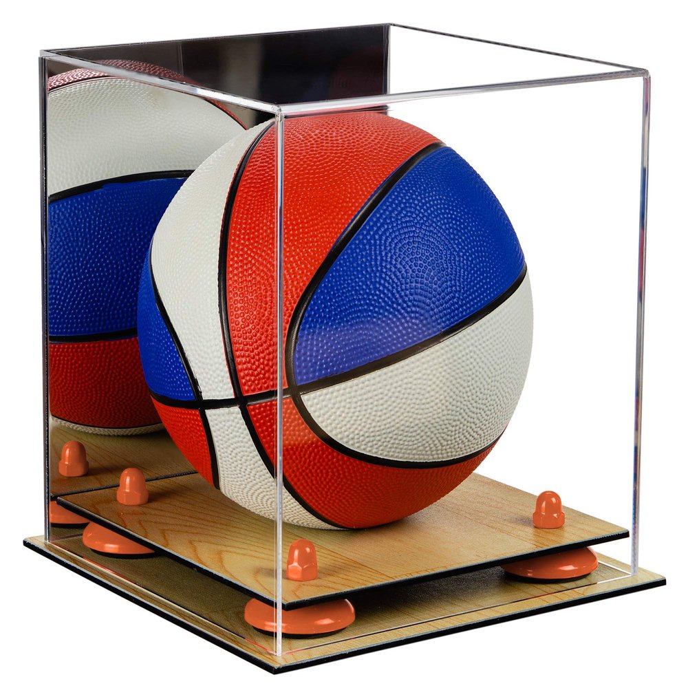 Better Display Cases Acrylic Mini - Miniature (not Full Size) Basketball Display Case with Mirror, Orange Risers and Wood Base (A015-OR)