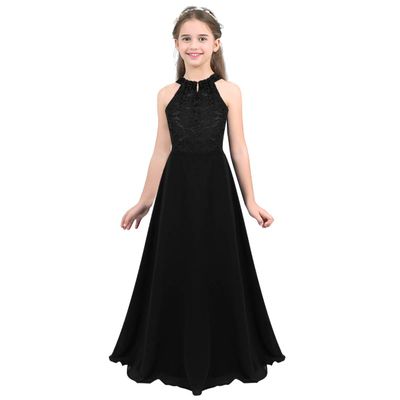 YiZYiF Kids Big Girls Lace Chiffon Bridesmaid Flower Girl Dance Party Maxi Dress (10, Halter Black)