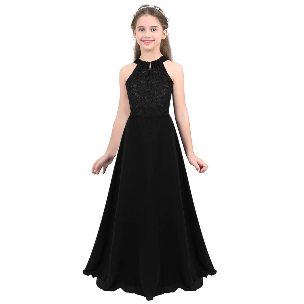 YiZYiF Kids Big Girls Lace Chiffon Bridesmaid Flower Girl Dance Party Maxi Dress (10, Halter Black)