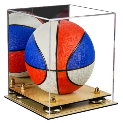 Better Display Cases Acrylic Mini - Miniature (not Full Size) Basketball Display Case with Mirror, Gold Risers and Wood Base (A015-GR)