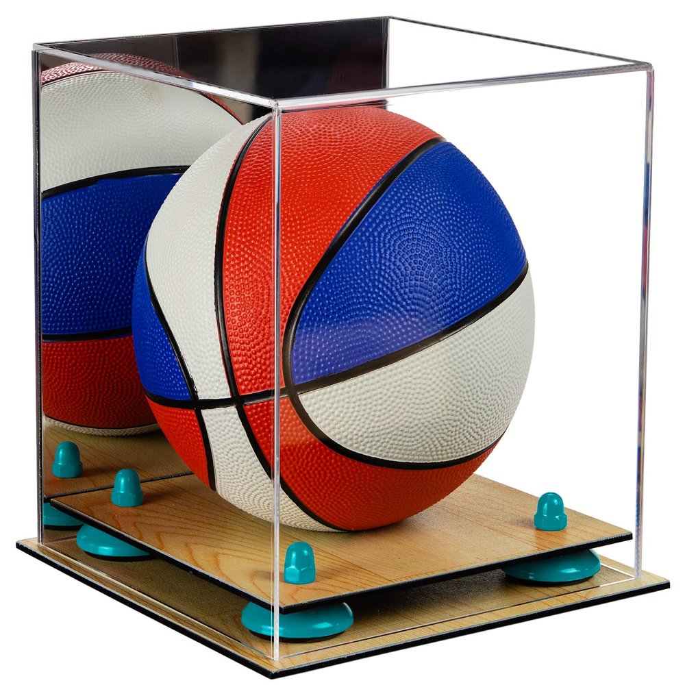 Better Display Cases Acrylic Mini - Miniature (not Full Size) Basketball Display Case with Mirror, Light Blue Risers and Wood Base (A015-BLR)