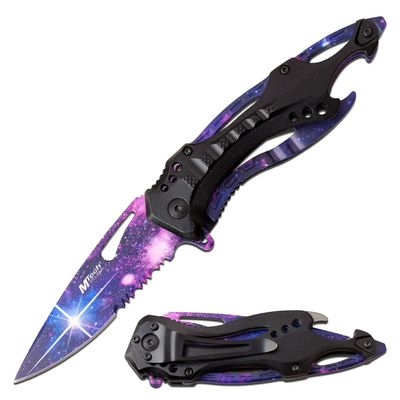 MTECH USA Folding Knife, 3.75-Inch Half-Serrated Blade, Titanium Coating, Glass Breaker, Pocket Clip (Galaxy)