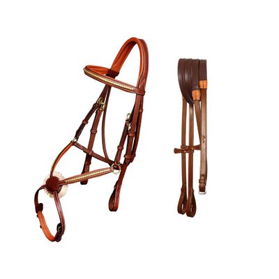 Exion Premium English Leather Figure 8 Bridle with Silver Clincher Noseband & Browband | Soft Padded Anatomical Crown Piece | Rubber Reins & Brass Buckles | Adjustable Fit | Jumping, Hunter, Eventing