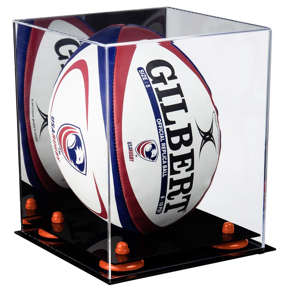 Better Display Cases Acrylic Rugby Ball Display Case Vertical with Mirror and Orange Risers (A060-OR)