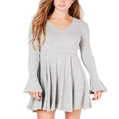 American Rag Juniors Ribbed Bell Sleeve Dress Heather Grey Combo XL